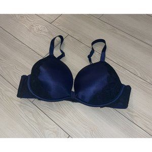 Ambrielle Plunge Full Figure Bra Satin Lace Lightly Padded UW Womens 38C Blue